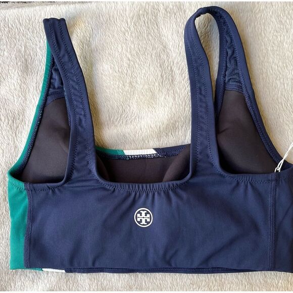 Tory Burch blue/white/green color block sports bra & highrise bike shorts set XS - Picture 4 of 14